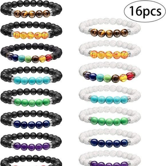 New 16 Pieces Men Women 8mm Lava Rock Bracelets 7 Chakra Aromatherapy Es… - Picture 2 of 8